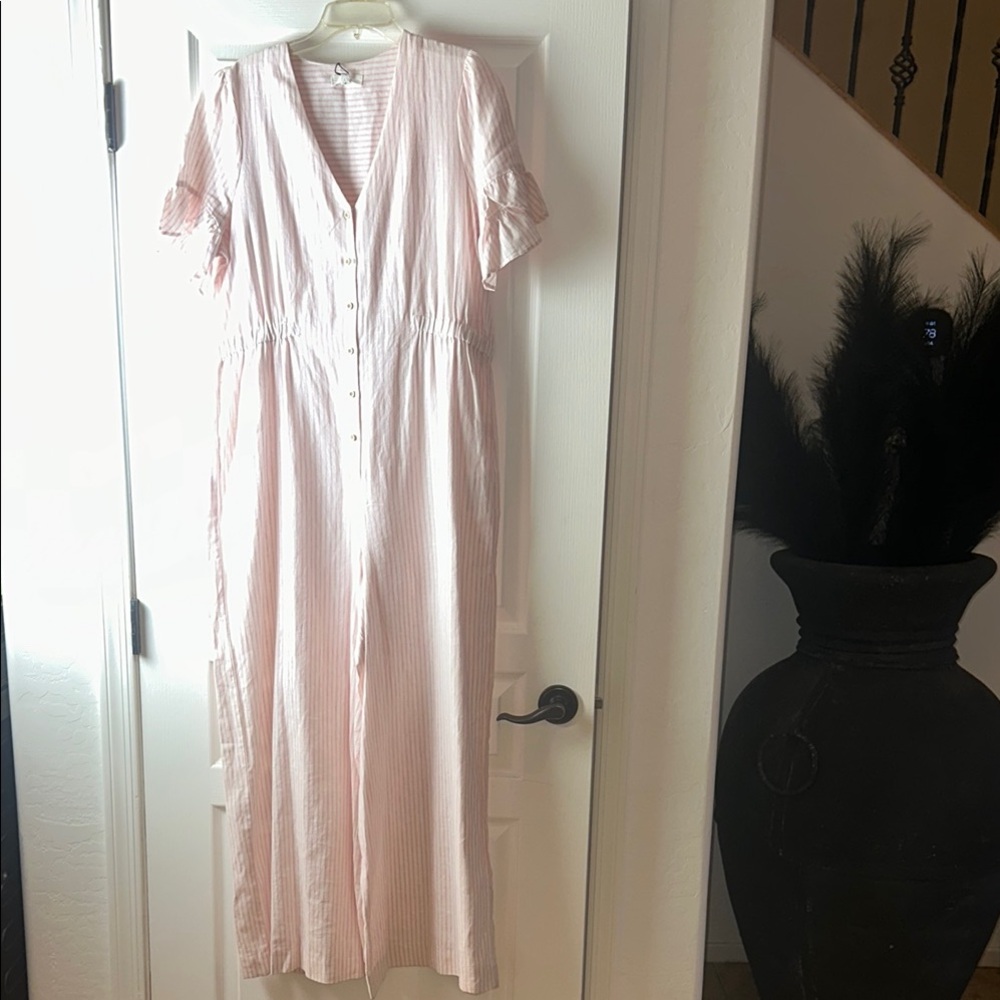 A Loves A Striped Cotton Linen Wide Leg Jumpsuit Flutter Short Sleeves